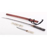 Japanese Wakasashi, 19,1/2 ins curved blade, waxed ito bound shagreen grips (a/f) with menuki,