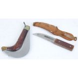 Small hunting knife with leather sheath and clasp knife with curved blade