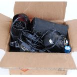 Box of lamping lights, chargers, batteries, etc.