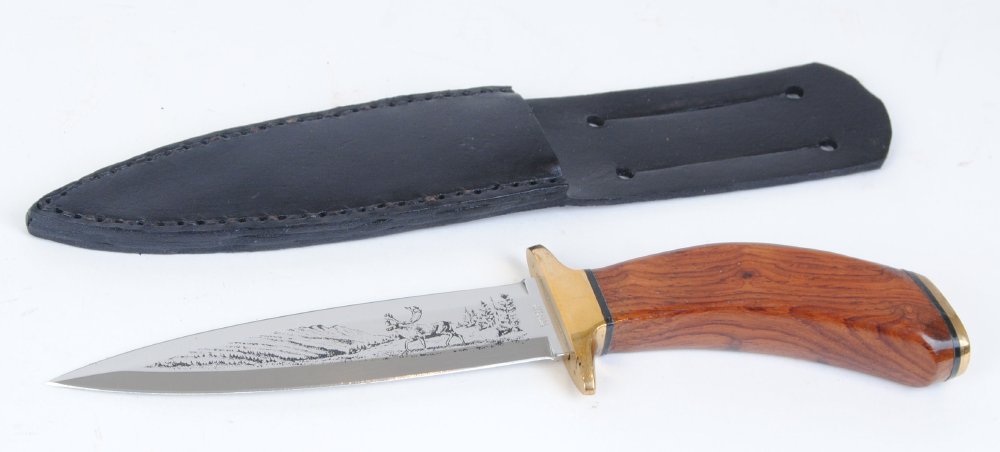 German hunting knife with decorated double edged blade, brass quillons, rosewood grips, leather - Image 2 of 2