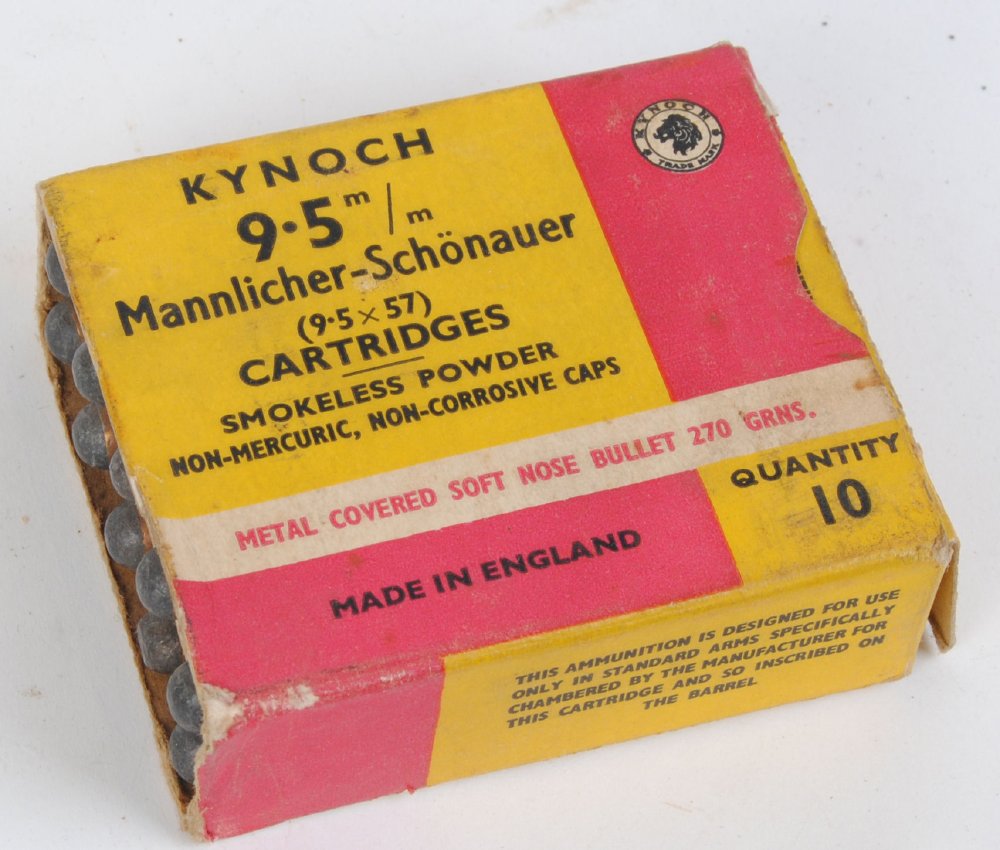 10 x 9.5 x 57 Kynoch cartridges in original box. This Lot requires a Section 1 Licence