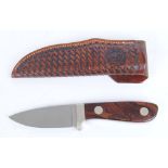 Boker 513 knife, 4 ins single edge blade, steel mounts and studs, rosewood grips, leather sheath