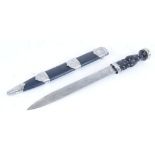 Highland style Pipers dirk with 12 ins acid etched blade, sheath with white metal fittings,