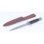 Hunting dagger with 6 ins double edged blade, leather washer handle, in leather sheath