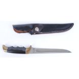 Kershaw 1031 Japan Knife, 6 ins single edge blade, brass mounts, black grips, leather sheath