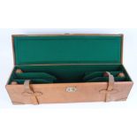 Oak and leather three quarter motor case with reinforced corners, green baize fitted interior for 28