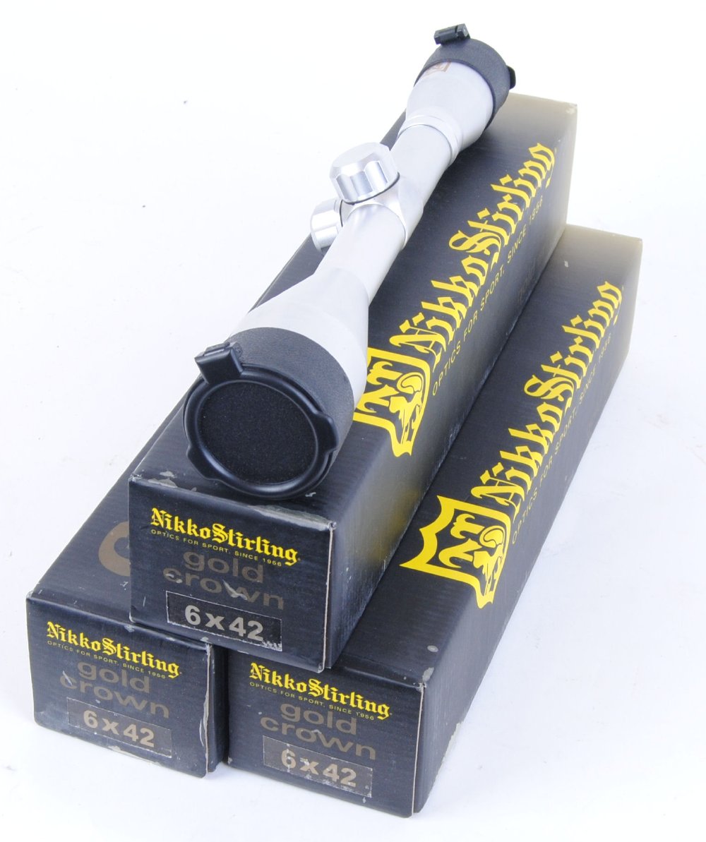 Three 6 x 42 Nikko Stirling Gold Crown scope - boxed, as new