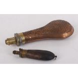 Copper and brass powder flask and copper and brass pistol flask by Sykes