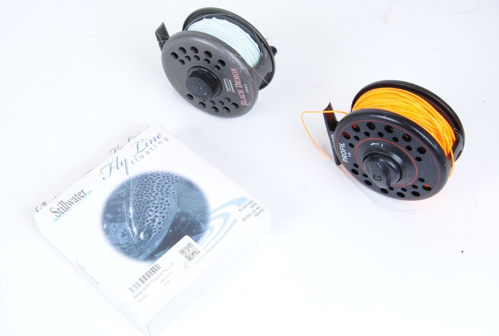 Shakespeare Black Demon trout reel with floating line; Leeda Profil, #7/8 trout reel with floating