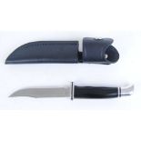 Buck 102T knife, 4 ins clip point blade, steel mounts, black grips, leather sheath