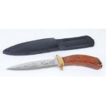 German hunting knife with decorated double edged blade, brass quillons, rosewood grips, leather