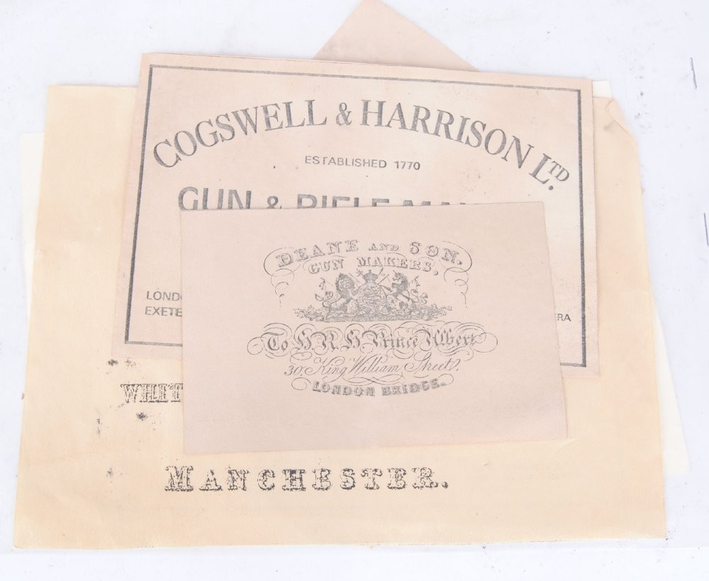 Six Gunmakers trade labels: Deane & Son; Cogswell & Harrison; Whitworth Rifle Co.; Forsythe Co.;