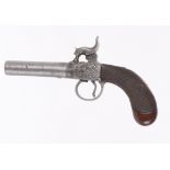 80 bore Percussion pocket pistol, turn off barrel, scroll engraved boxlock action, chequered bag