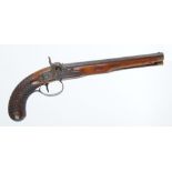 40 bore Percussion duelling pistol by Durs Egg, c.1830, 10 ins brown damascus octagonal sighted full