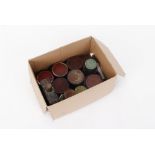 Box containing a brass percussion cap dispenser, twelve percussion cap tins by F. Joyce & Co. etc,