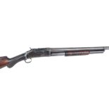 12 bore Winchester Model 1893, pump action, 3 shot, 30 ins 1/4 choke barrel, 13 ins figured semi