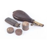 Leather shot flask, copper and brass pistol flask, three old percussion cap tins