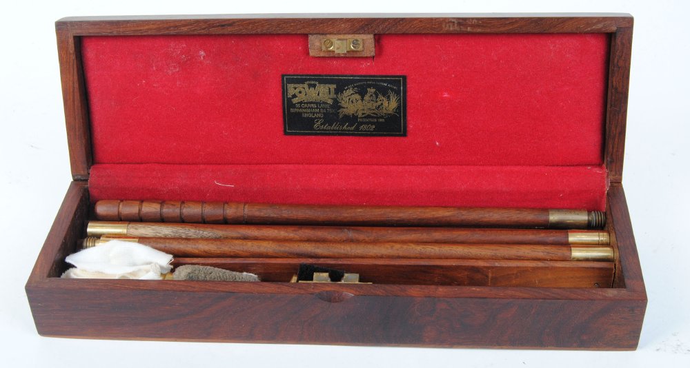 12 bore cleaning kit, three piece cleaning rod, in fitted wooden box with William Powell label