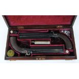 Cased pair 54 bore percussion over and under belt pistols by Pritchett & Son, c.1855, 8 ins rifled