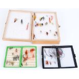 Wooden double fly box and two plastic fly wallets with Salmon flies