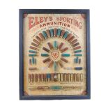 Early Eley Sporting Ammunition glazed display board with 4 bore through to .360 cartridges, 28 x