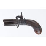 120 bore Percussion pocket pistol with double turnover barrels, engraved key turn muzzles, accanthus