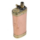 Threeway copper and brass pistol flask, 4 ins high