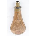 Copper and brass bell shaped powder flask with line and diamond point decoration (some dents) by G &