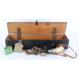 Box with powder horn, flask, percussion caps, WW II gun oilers, powder measure, capper decapper,