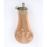 Copper and brass pistol flask with embossed shell decoration, 4,1/2 ins high