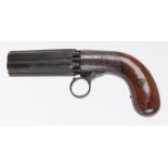 Percussion pepperbox pistol with six fluted barrels, round scroll engraved boxlock acion inscribed J