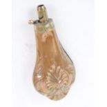 Copper and brass pear shaped powder flask withembossed floral decoration (dents) by G & J W