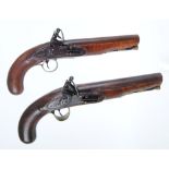 Pair of 16 bore Flintlock travelling pistols, 8 ins full stocked barrels, (one with crack from