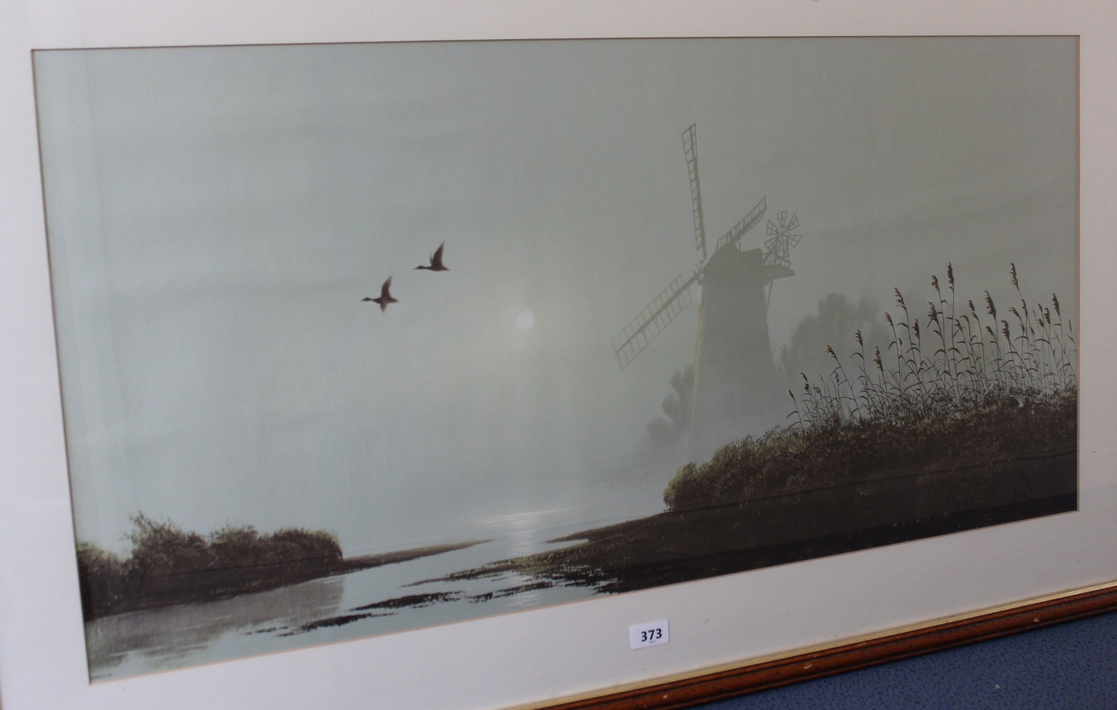 Framed and glazed coloured print: Mallard on the Fen, 39 x 20 ins