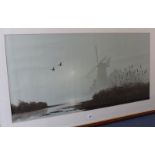 Framed and glazed coloured print: Mallard on the Fen, 39 x 20 ins