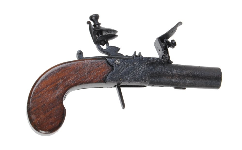 54 bore Flintlock pocket pistol with turn off barrel, engraved boxlock action marked Rich'd Page, - Image 3 of 3