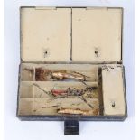 Vintage japanned fly and bait tin with various compartments and miscellaneous pike lures, flies,