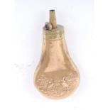 Copper and brass  pistol flask with embossed game scene decoration, 4,3/4 ins high