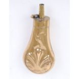 Brass pistol flask with embossed shell decoration, 4,1/2 ins high