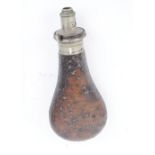 Pewter and leather covered bell shaped powder flask by G & J W Hawksley, 8 ins high
