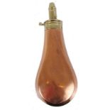 Copper and brass bell shaped plain powder flask, secret spring, inscribed Sykes Patent, 8 ins high