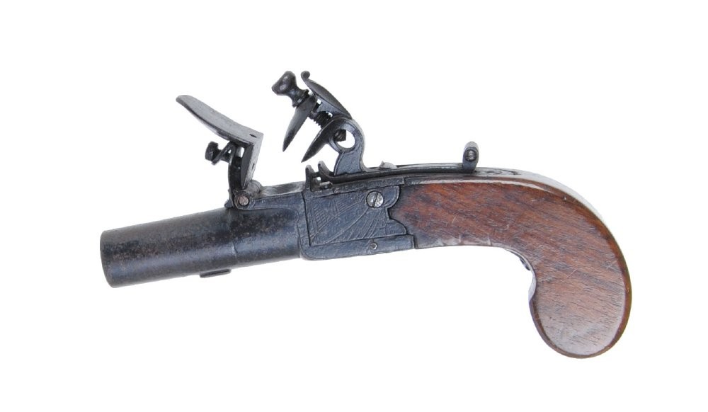 54 bore Flintlock pocket pistol with turn off barrel, engraved boxlock action marked Rich'd Page,