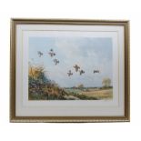 Framed and glazed coloured print: Grey Patridges by J C Harrison - signed, 21 x 16 ins