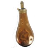 Copper and brass bell shaped plain powder flask (dents), inscribed Sykes Patent, 8 ins high