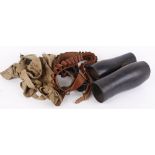 Three various leather, canvas and leather cartridge belts; three canvas ammo bandoliers; pair