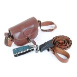 Leather cartridge bag with pull thru, snap caps, extractor, 12 number peg finder, 12 bore leather