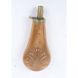 Copper and brass bell shaped powder flask with embossed fan decoration by G & J W Hawksley, 8 ins