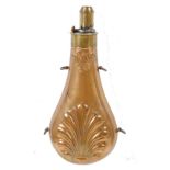 Copper and brass bell shaped powder flask with embossed fan decoration, four suspension rings,