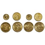 United States of America, lot of 4x gold coins consisting of, $1 (1853), $2.50 (1873), 2x $5 (1880