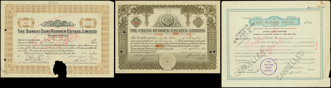 Rubber Companies in South East Asia, group of 3 share certificates, The Cheng Rubber Estates Ltd,